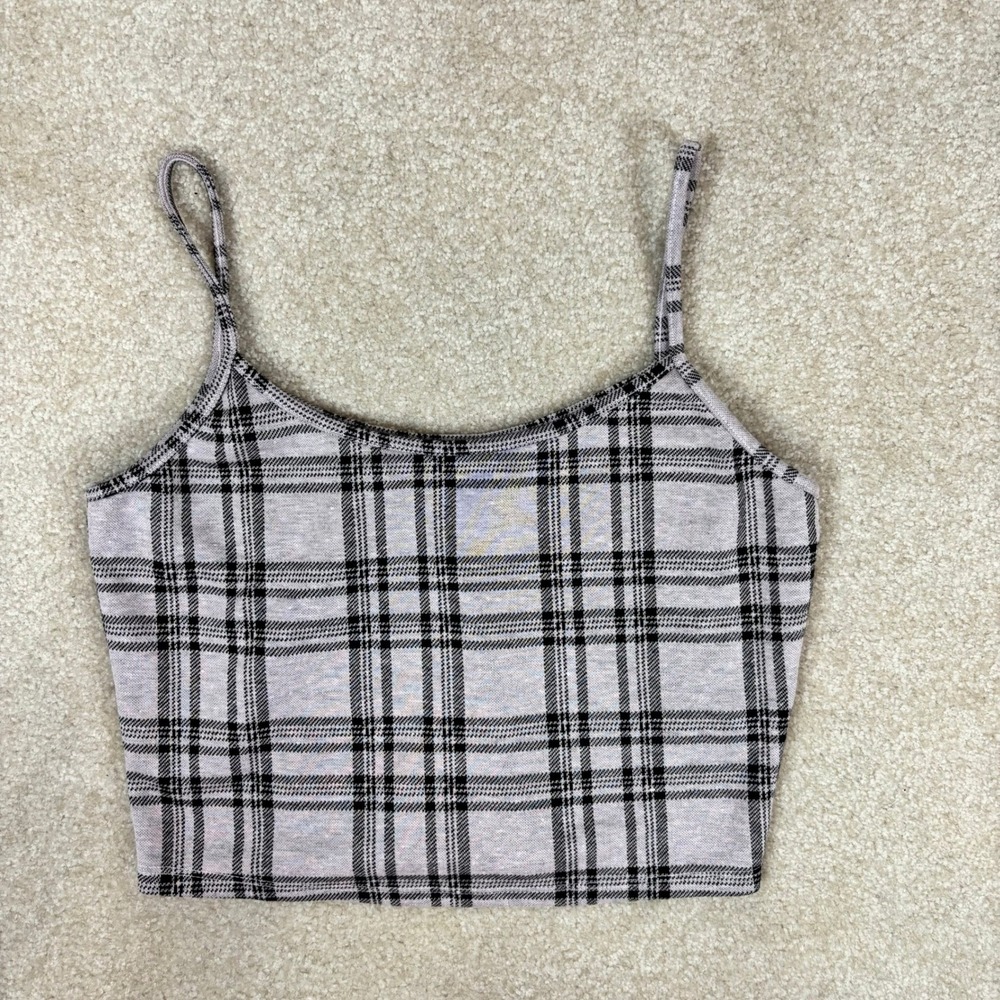 Popular 21 Womens Plaid Crop Top Spaghetti Strap Purple Grey Black TX8205 Size L